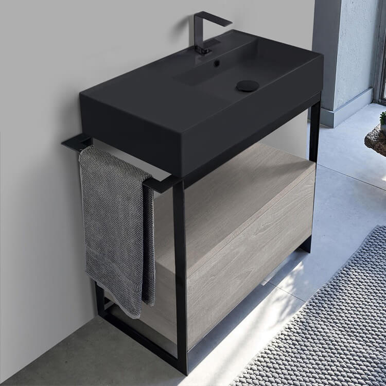 Console Bathroom Vanity, Scarabeo 5118-49-SOL1-88, Console Sink Vanity With Matte Black Ceramic Sink and Grey Oak Drawer
